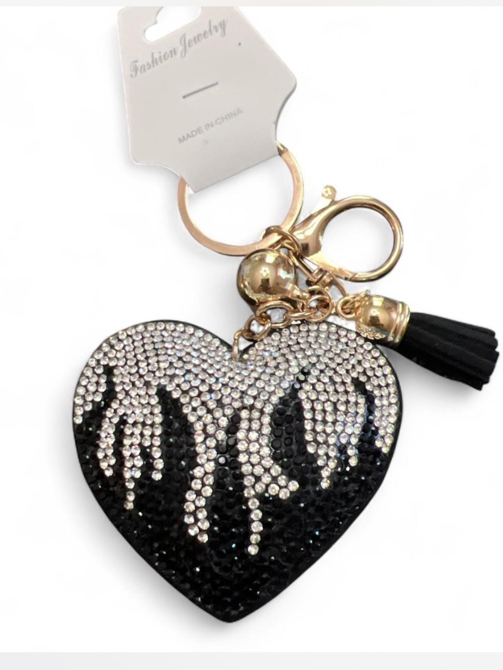 Fashion Jewelry Black & Crystal Drip Heart Keychain/Bagcharm